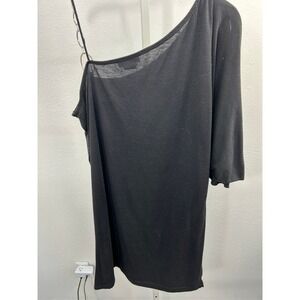 MKM Designs Womens One Shoulder Graphic Top Black Silver Ring‎ Strap Asymmetric